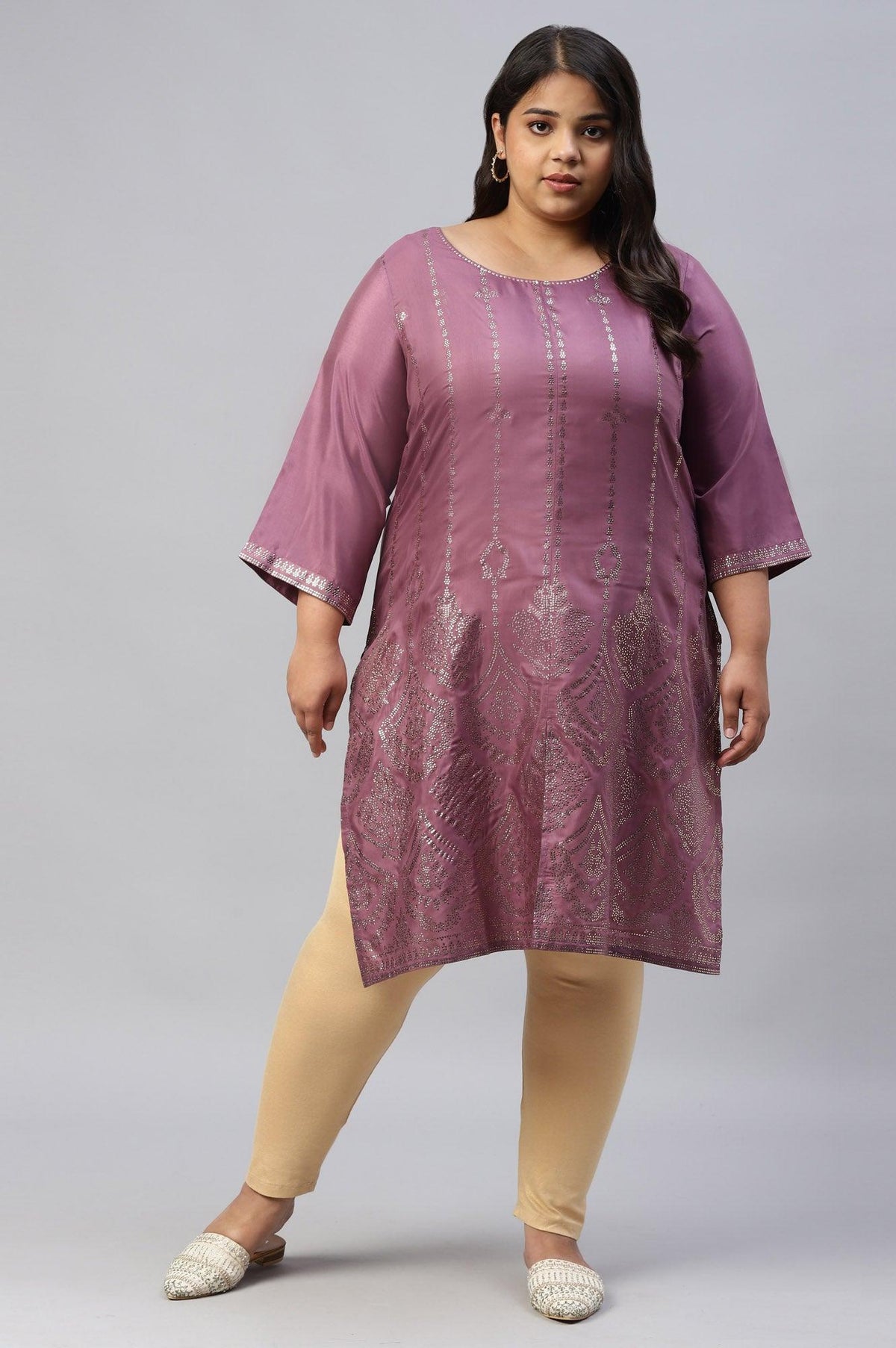 Plus Size Purple Shantung Mukaish Printed kurta - 20