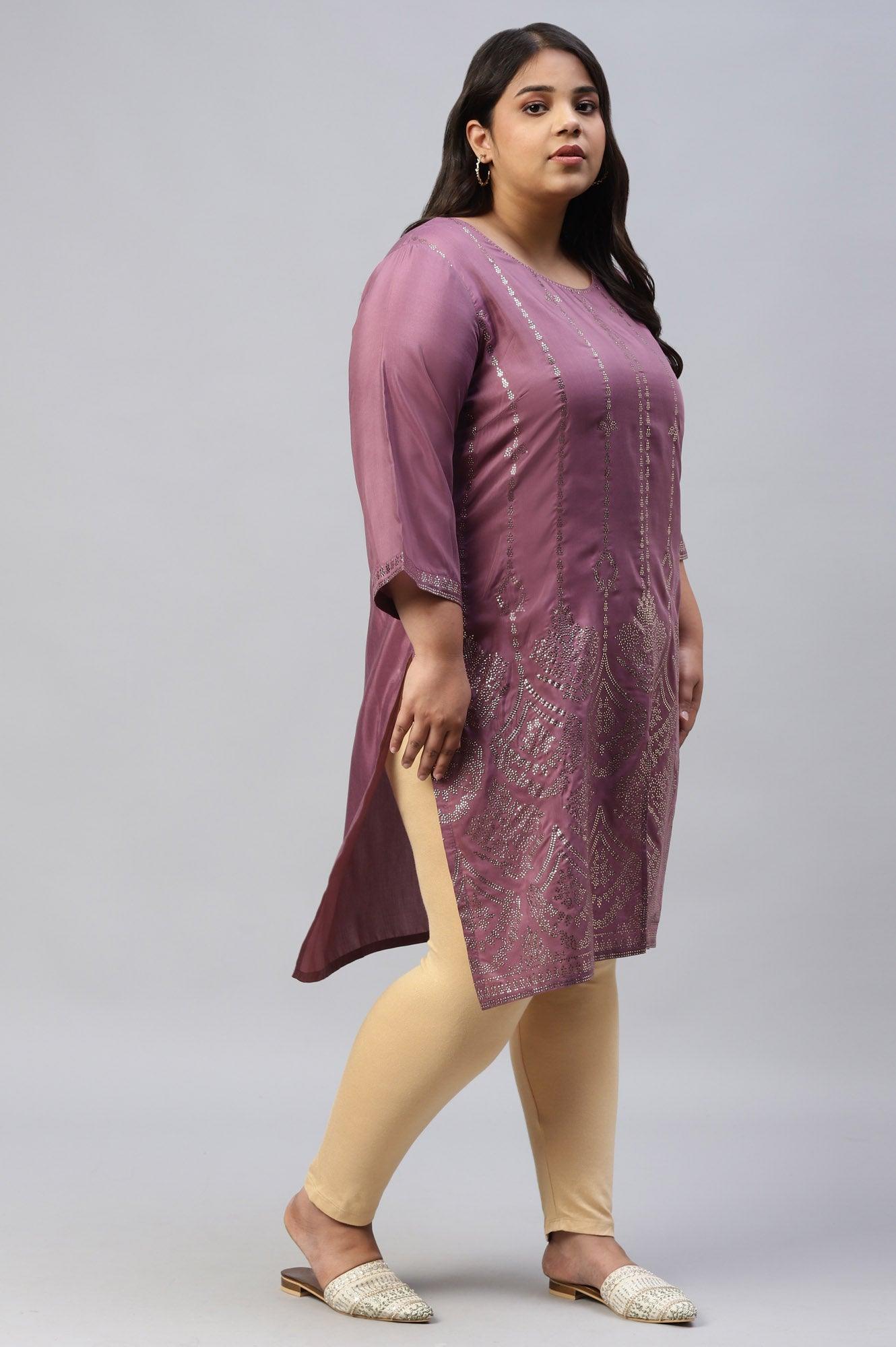 Plus Size Purple Shantung Mukaish Printed kurta - wforwoman