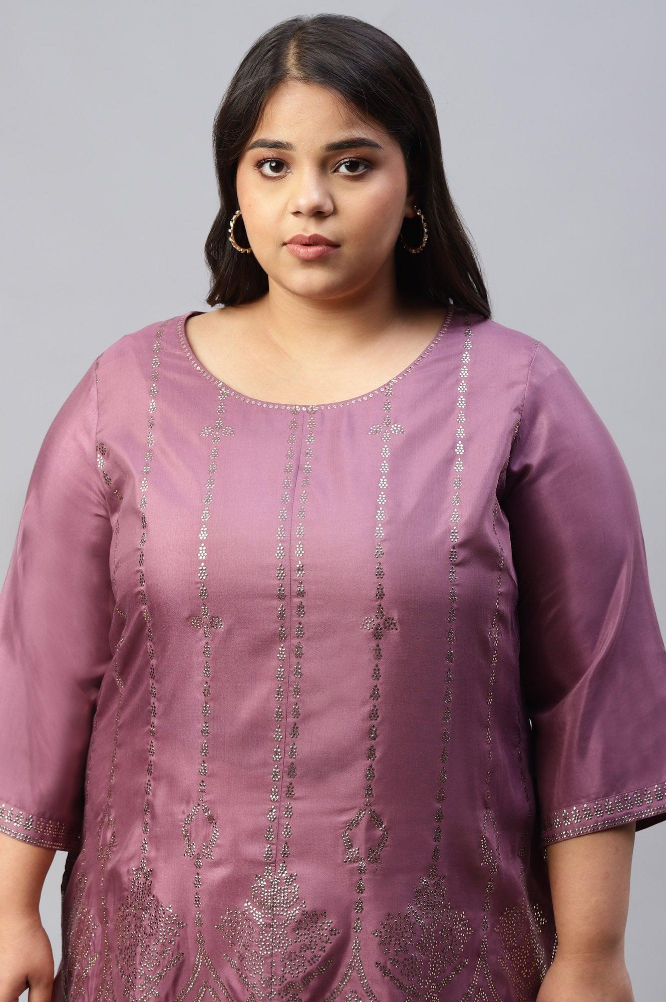 Plus Size Purple Shantung Mukaish Printed kurta - wforwoman