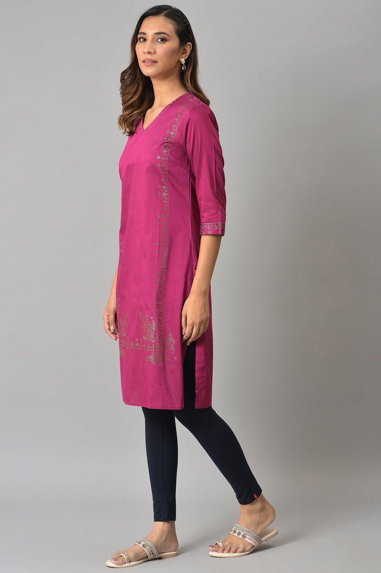 Magenta Mukaish Printed kurta With Sequins - wforwoman