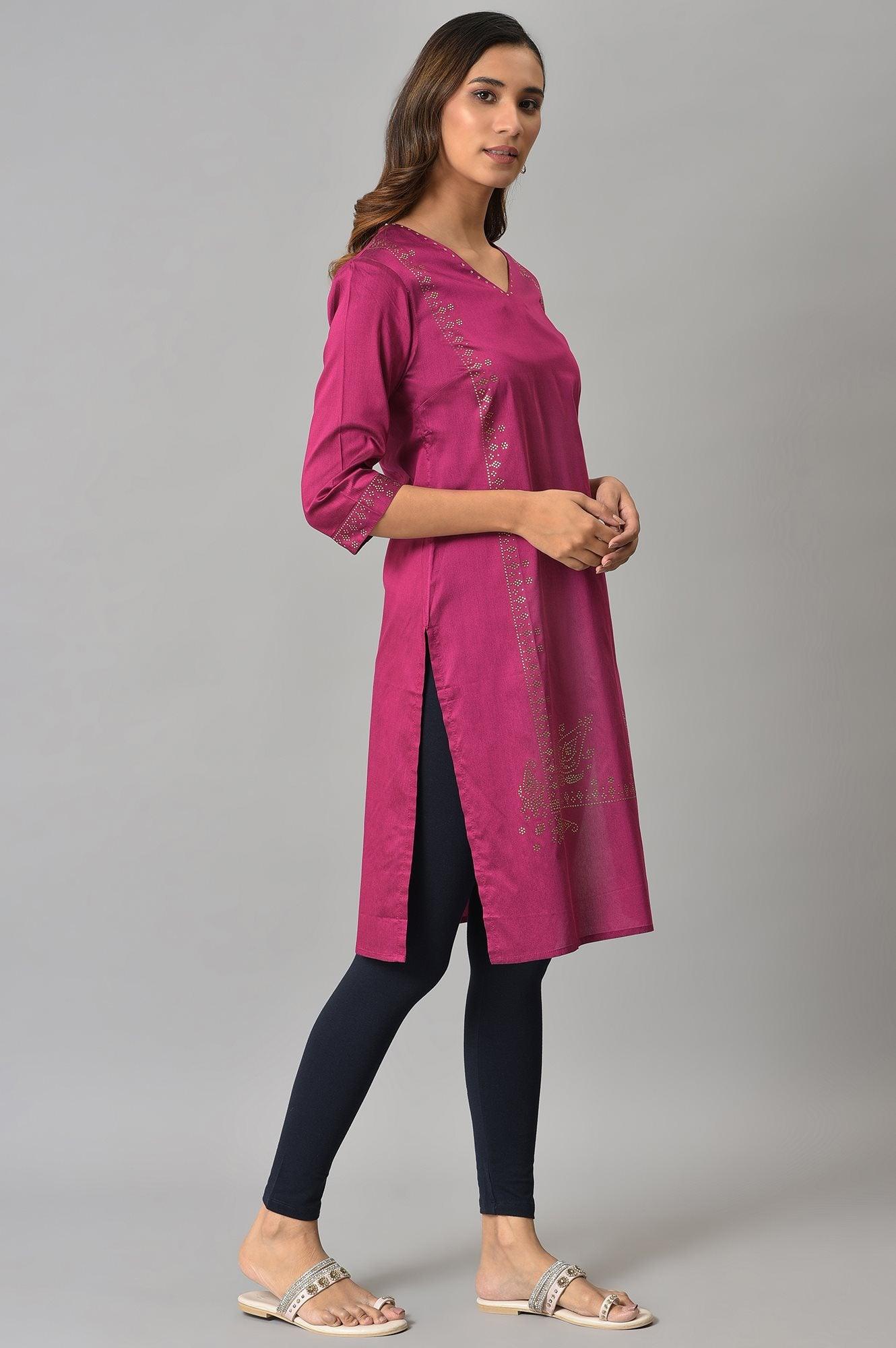Magenta Mukaish Printed kurta With Sequins - wforwoman