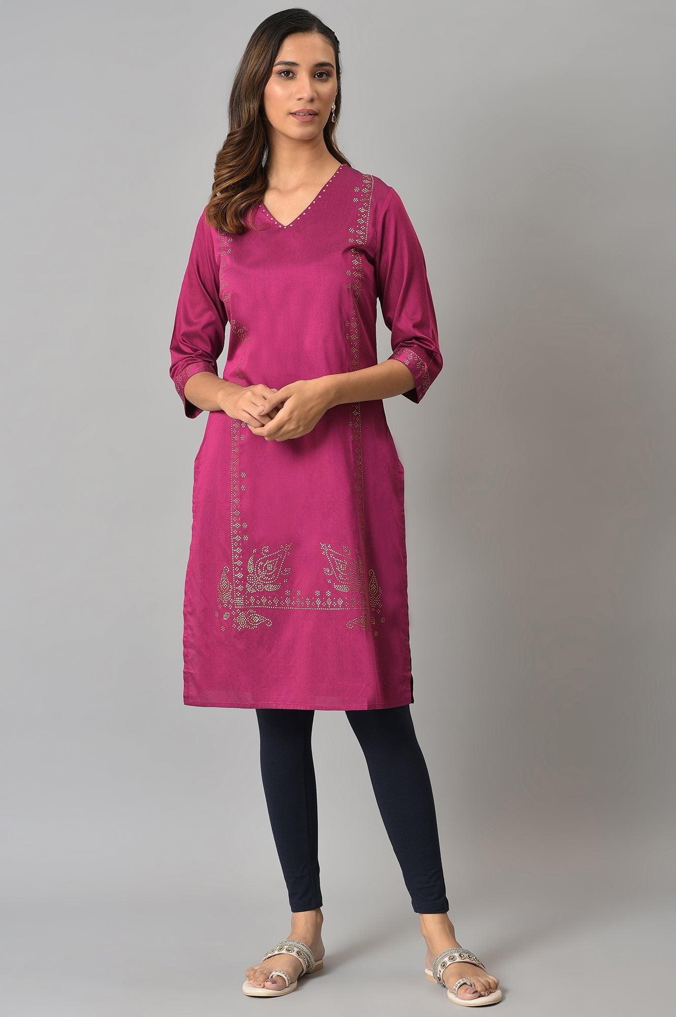 Magenta Mukaish Printed kurta With Sequins - wforwoman