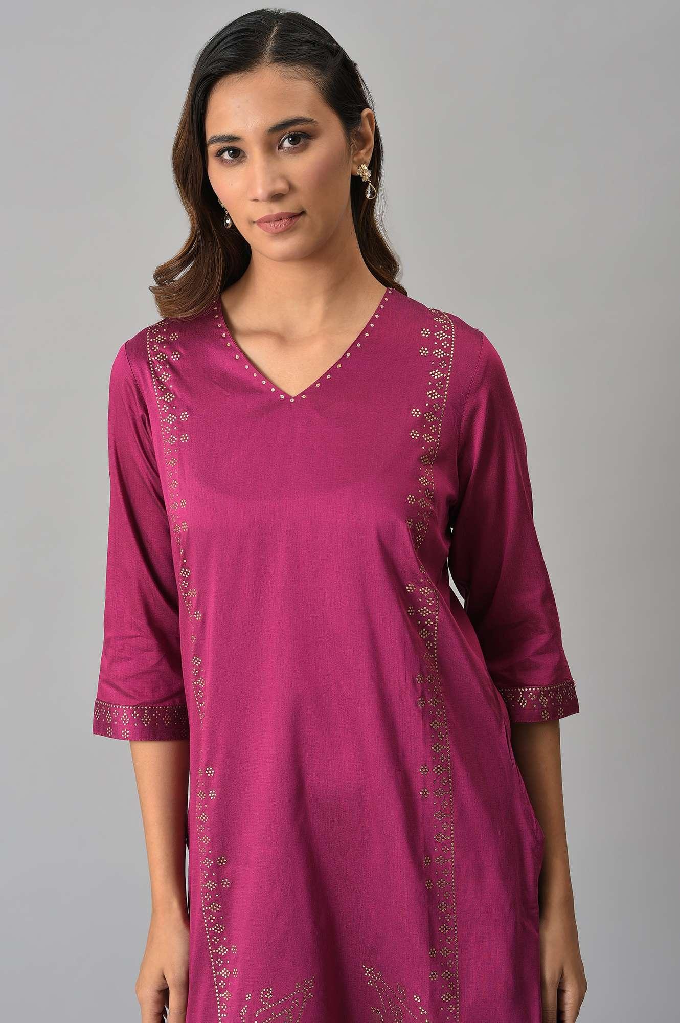 Magenta Mukaish Printed kurta With Sequins - wforwoman