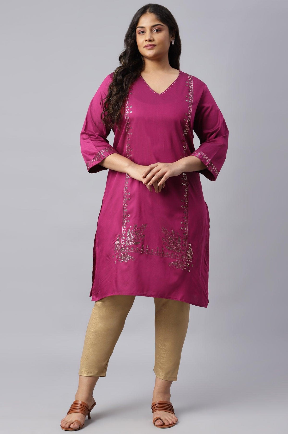 Magenta Mukaish Printed Plus Size kurta With Sequins - 20