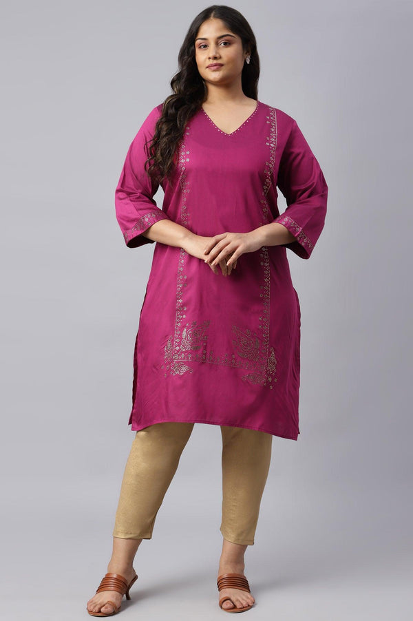 Magenta Mukaish Printed Plus Size kurta With Sequins