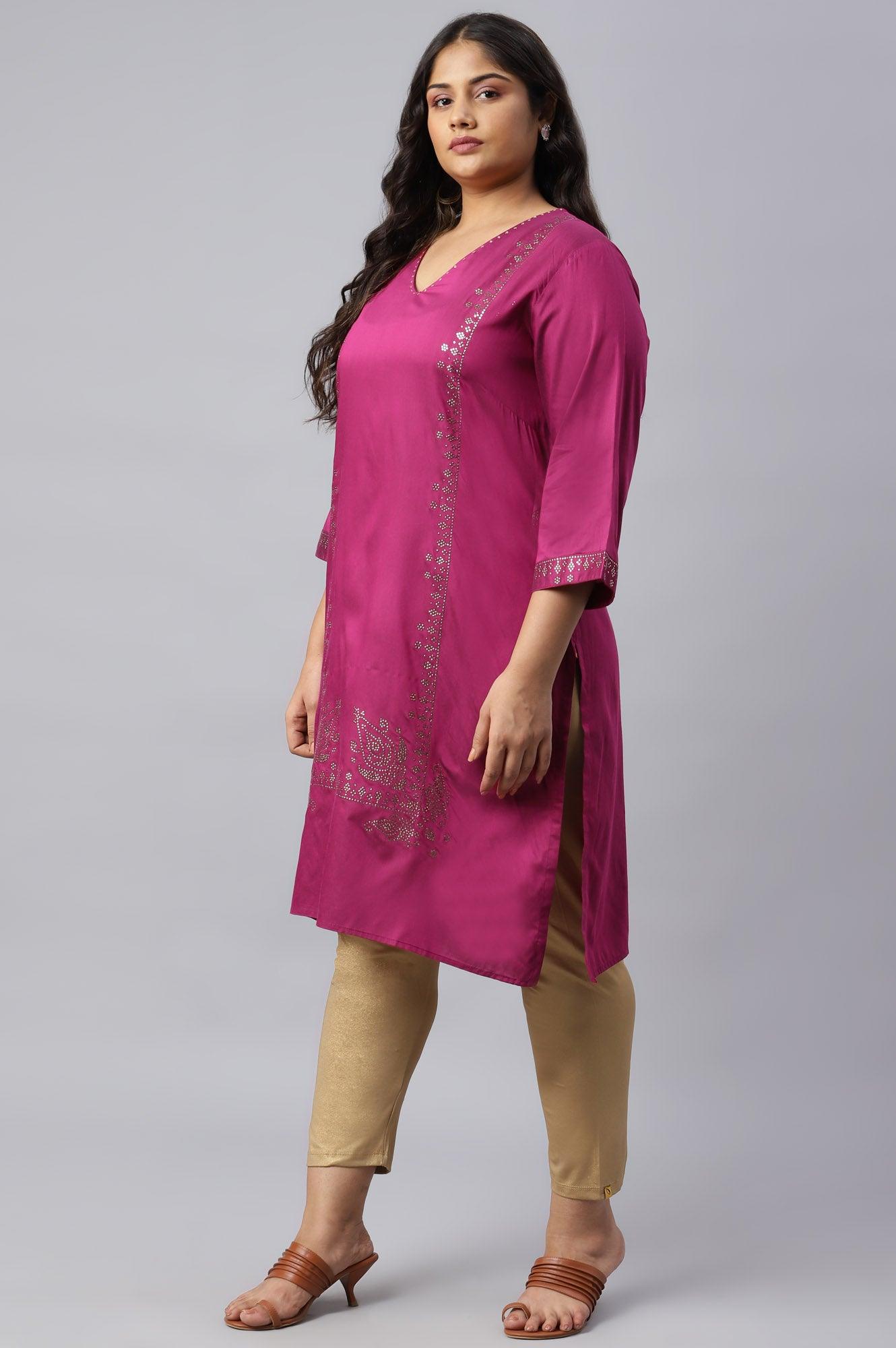 Magenta Mukaish Printed Plus Size kurta With Sequins - wforwoman
