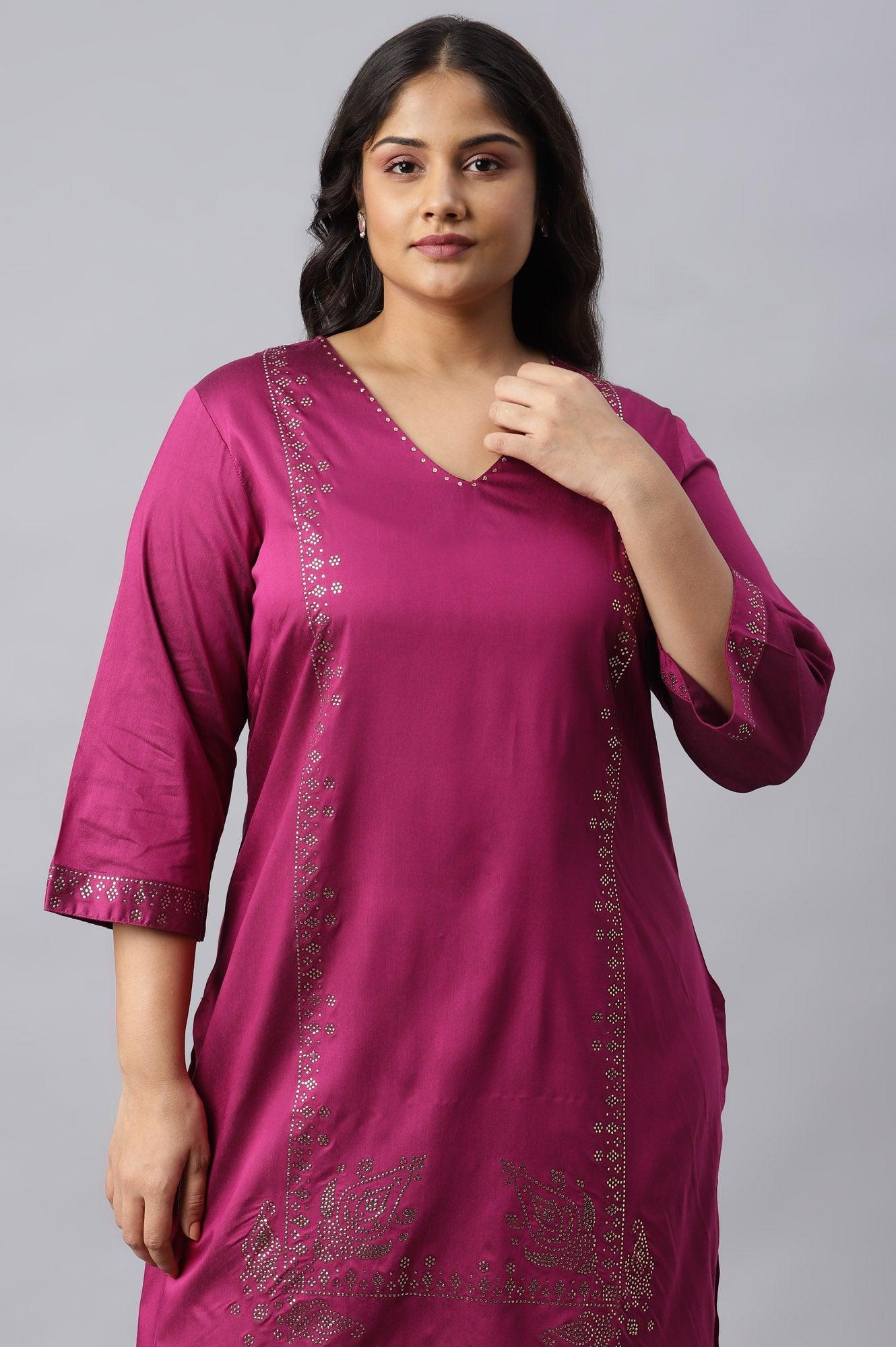 Magenta Mukaish Printed Plus Size kurta With Sequins - wforwoman