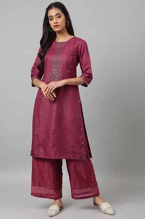 Purple Karnatka Silk Mukaish Print kurta with Parallel Pants - 6