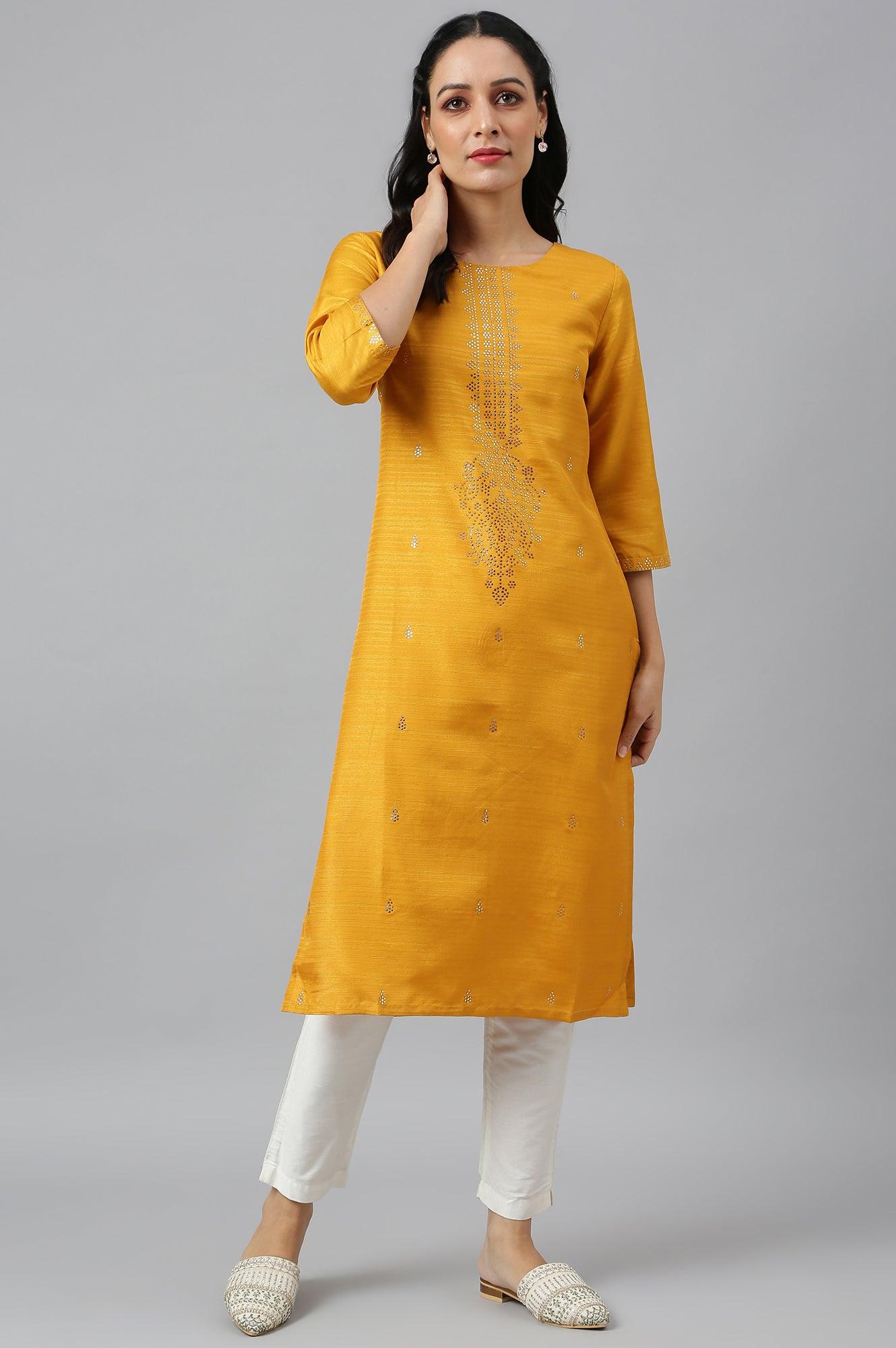 Mustard Karnatka Silk Mukaish Print kurta - wforwoman
