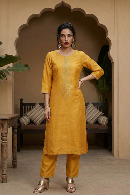 Mustard Karnatka Silk Mukaish Print kurta