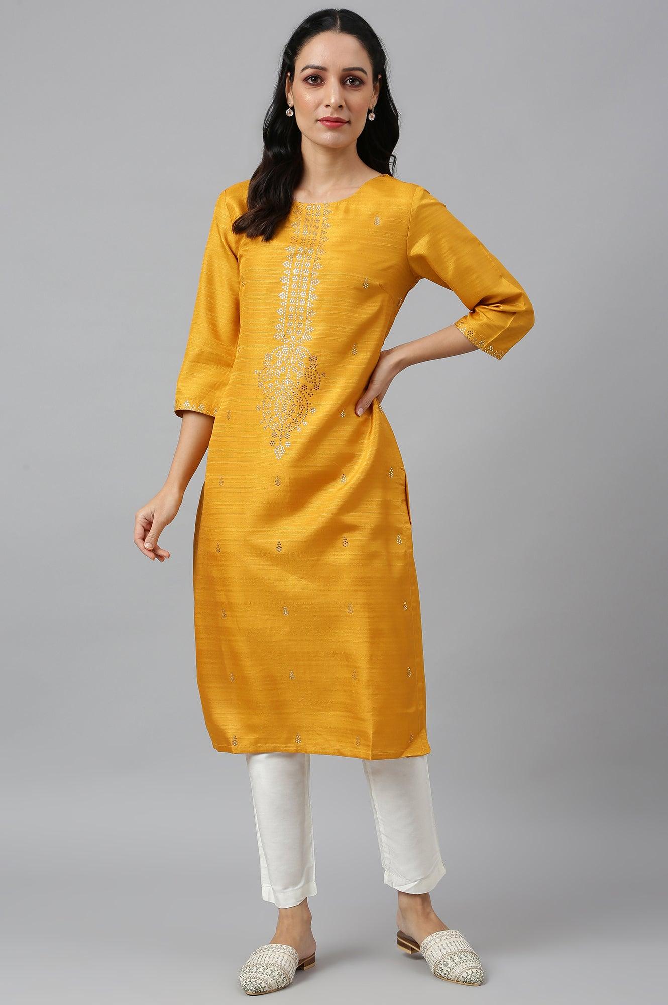 Mustard Karnatka Silk Mukaish Print kurta - wforwoman