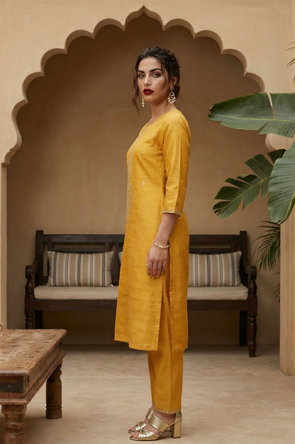 Mustard Karnatka Silk Mukaish Print kurta
