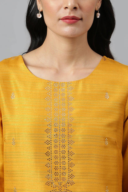 Mustard Karnatka Silk Mukaish Print kurta - wforwoman