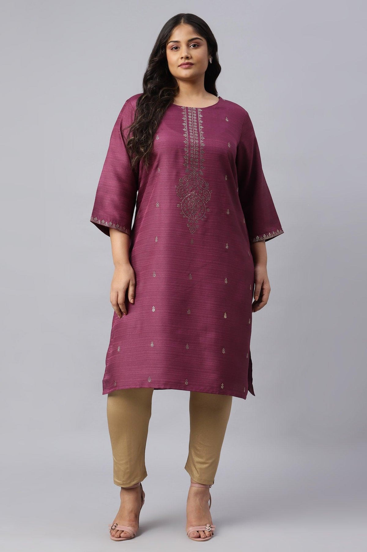 Plus Size Purple Karnatka Silk Mukaish Print kurta - 20