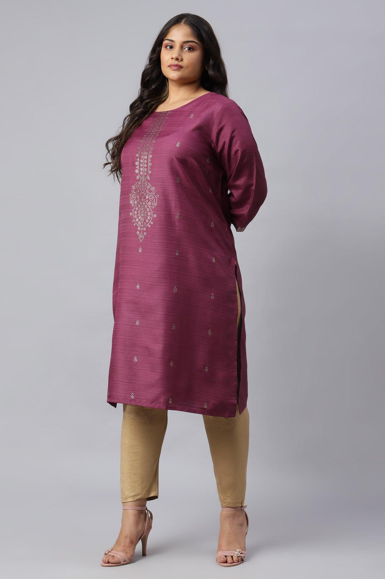 Plus Size Purple Karnatka Silk Mukaish Print kurta - wforwoman