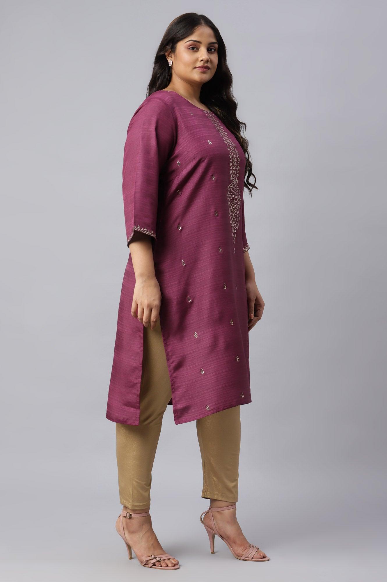 Plus Size Purple Karnatka Silk Mukaish Print kurta - wforwoman