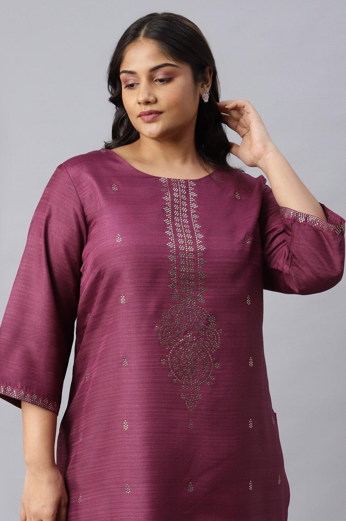 Plus Size Purple Karnatka Silk Mukaish Print kurta - wforwoman