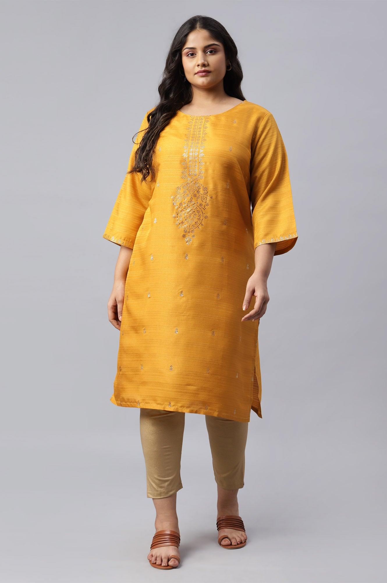 Plus Size Mustard Karnatka Silk Mukaish Print kurta - wforwoman