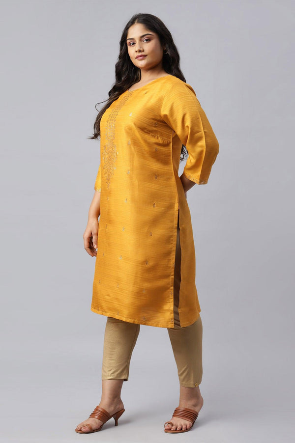 Plus Size Mustard Karnatka Silk Mukaish Print kurta
