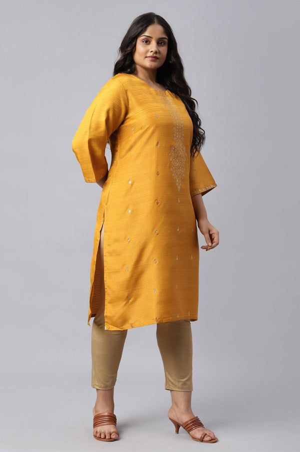 Plus Size Mustard Karnatka Silk Mukaish Print kurta