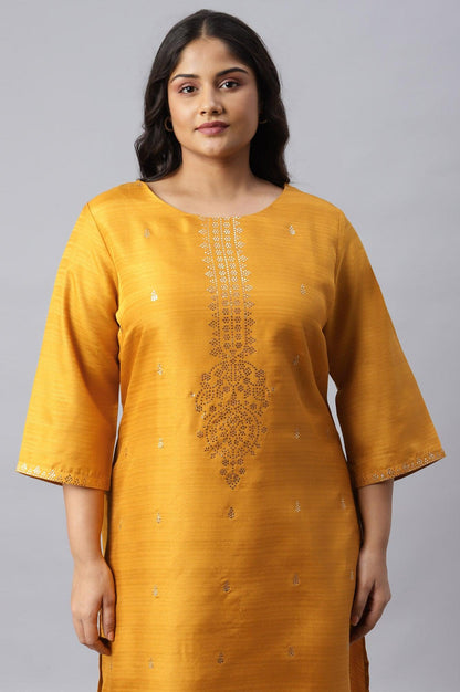 Plus Size Mustard Karnatka Silk Mukaish Print kurta - wforwoman