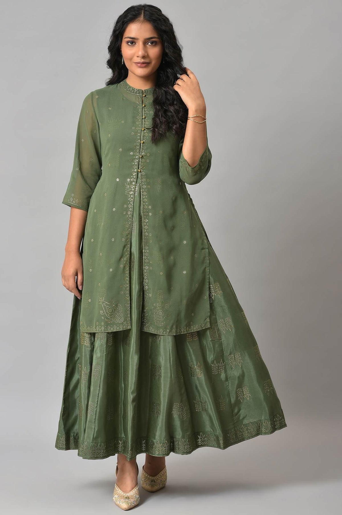 Dark Green Mukaish Georgette Jacket With Flared Sleeveless Dress - XS