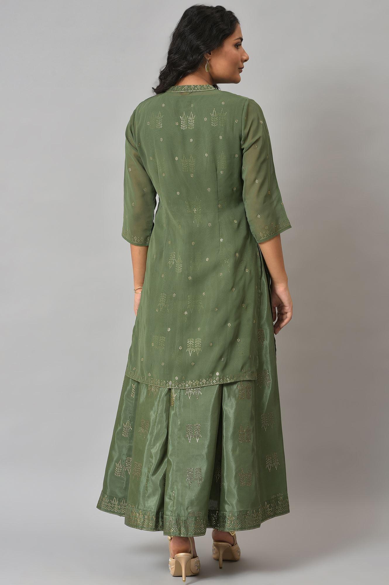 Dark Green Mukaish Georgette Jacket With Flared Sleeveless Dress - wforwoman