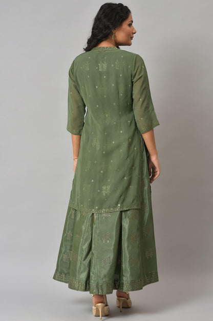 Dark Green Mukaish Georgette Jacket With Flared Sleeveless Dress - wforwoman