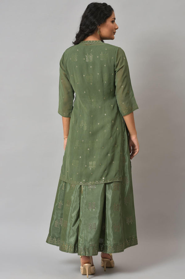 Dark Green Mukaish Georgette Jacket With Flared Sleeveless Dress