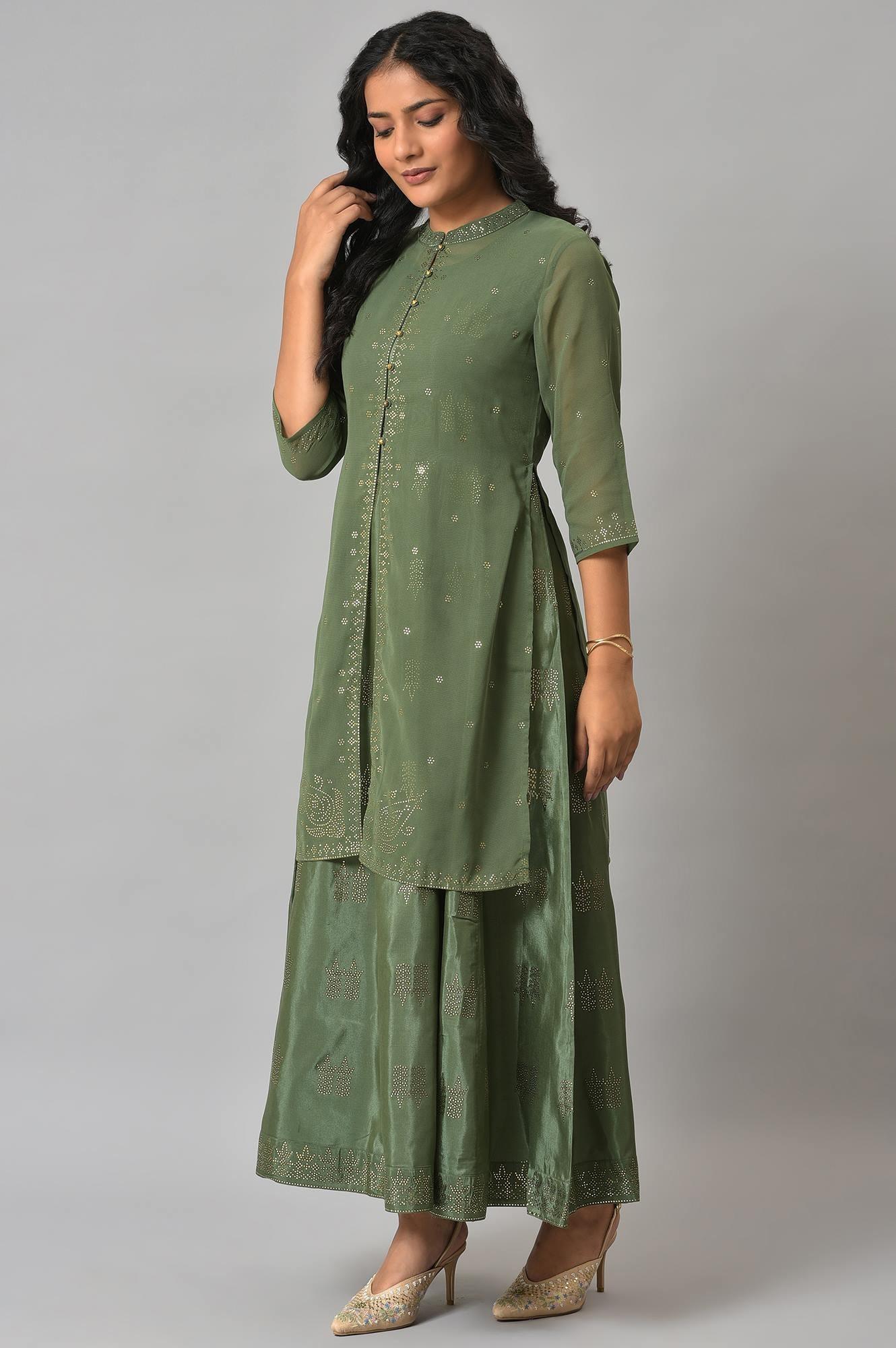 Dark Green Mukaish Georgette Jacket With Flared Sleeveless Dress - wforwoman