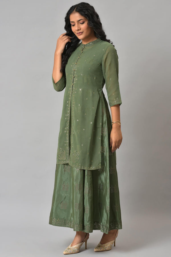 Dark Green Mukaish Georgette Jacket With Flared Sleeveless Dress