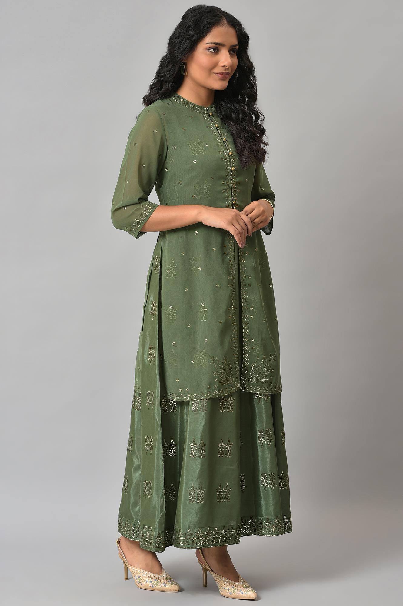 Dark Green Mukaish Georgette Jacket With Flared Sleeveless Dress - wforwoman