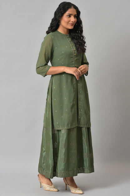 Dark Green Mukaish Georgette Jacket With Flared Sleeveless Dress - wforwoman