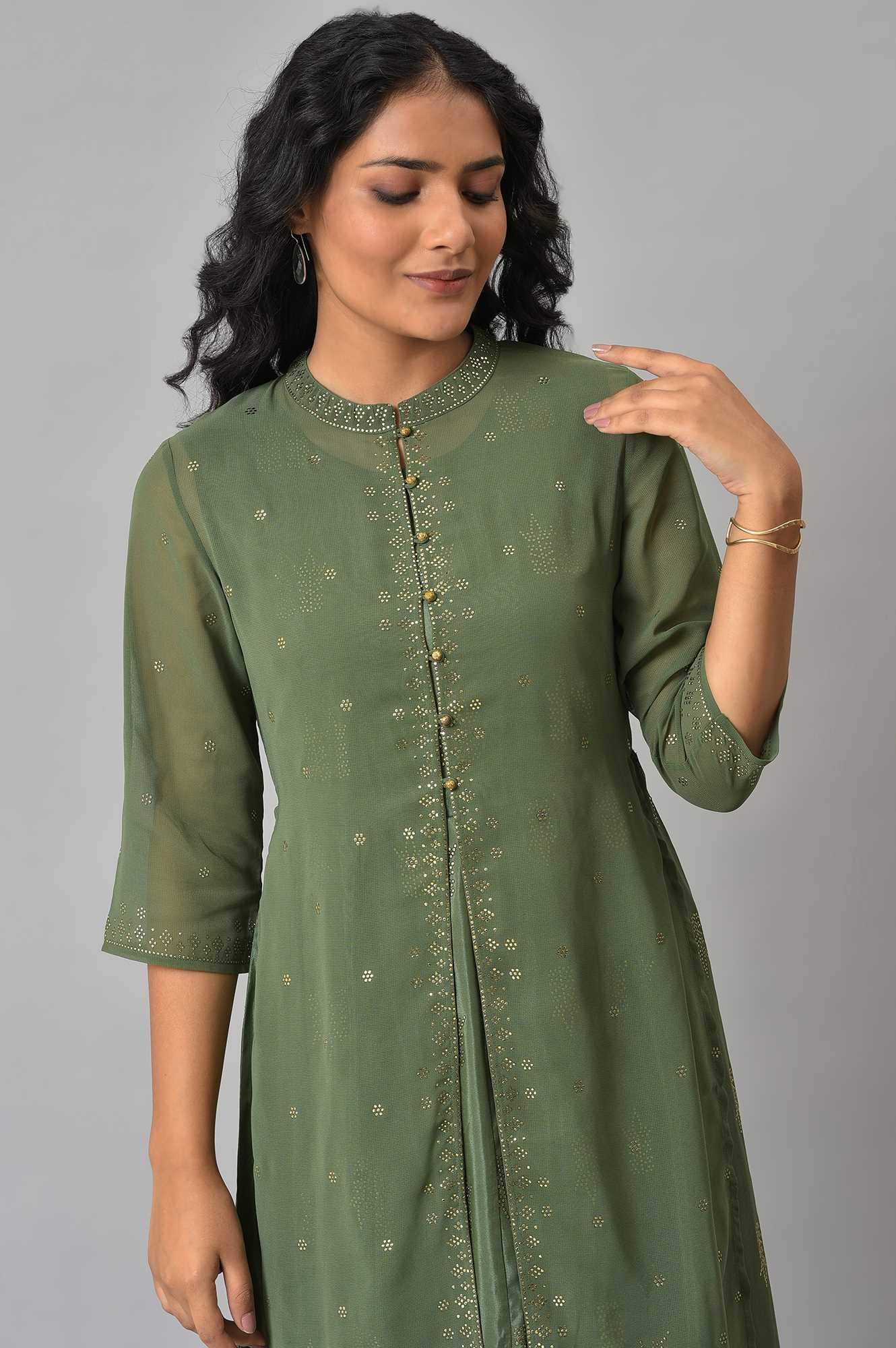 Dark Green Mukaish Georgette Jacket With Flared Sleeveless Dress - wforwoman