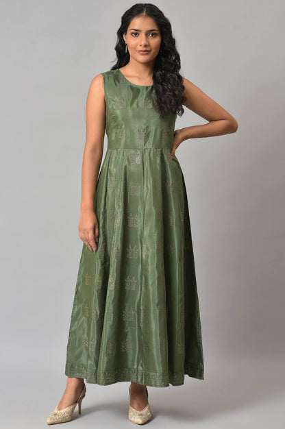 Dark Green Mukaish Georgette Jacket With Flared Sleeveless Dress - wforwoman