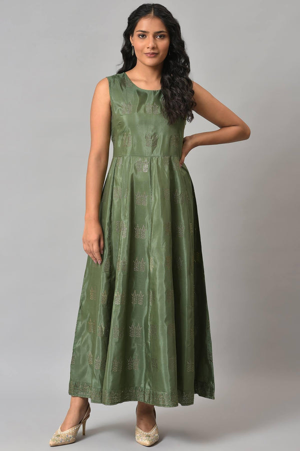 Dark Green Mukaish Georgette Jacket With Flared Sleeveless Dress