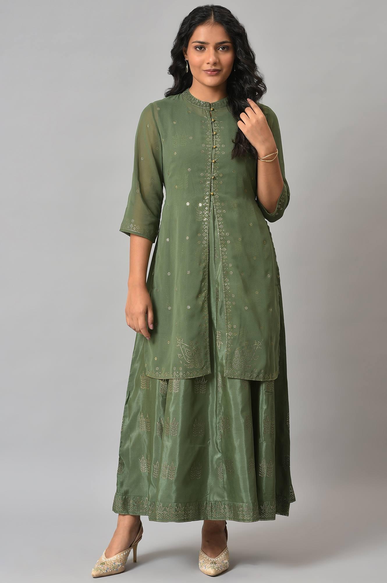 Buy Dark Green Mukaish Georgette Jacket With Flared Sleeveless Dress Online for Woman | WforWoman Buy Dark Green Mukaish Georgette Jacket With Flared Sleeveless Dress Online for Woman | WforWoman