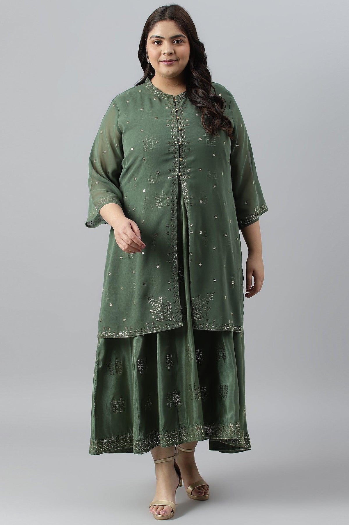 Green Mukaish Dress With Poly Georgette Short Jacket - 20