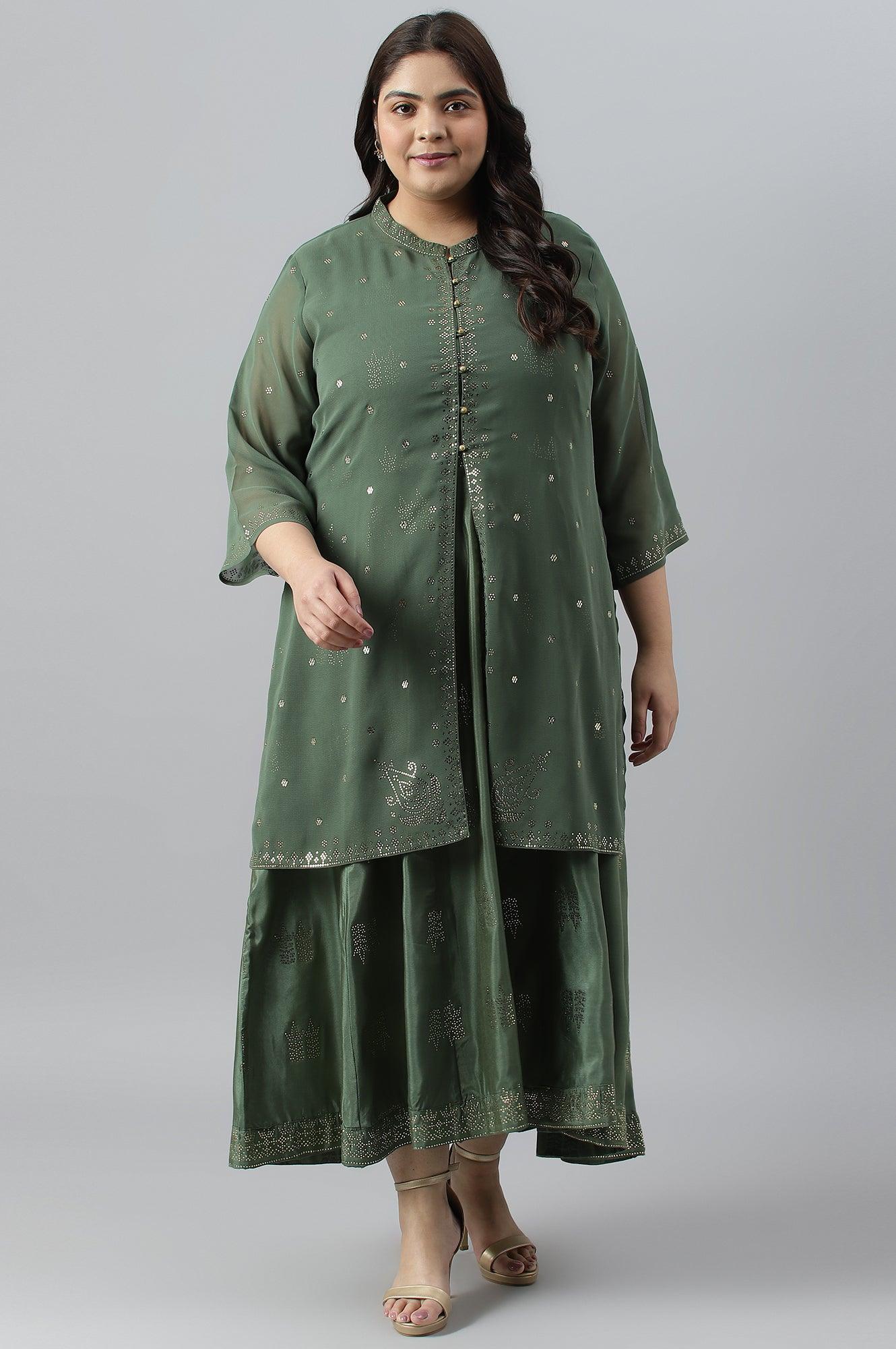 Green Mukaish Dress With Poly Georgette Short Jacket - wforwoman
