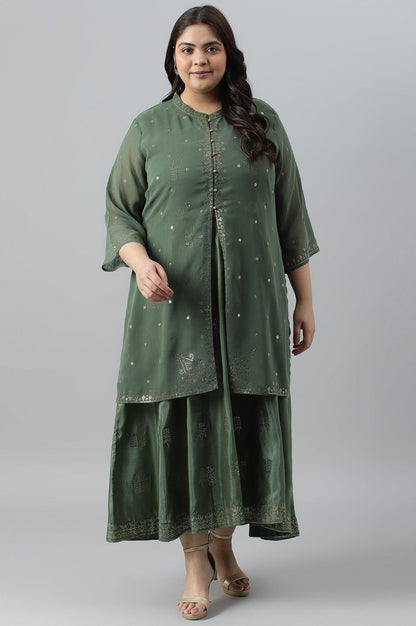 Green Mukaish Dress With Poly Georgette Short Jacket - wforwoman