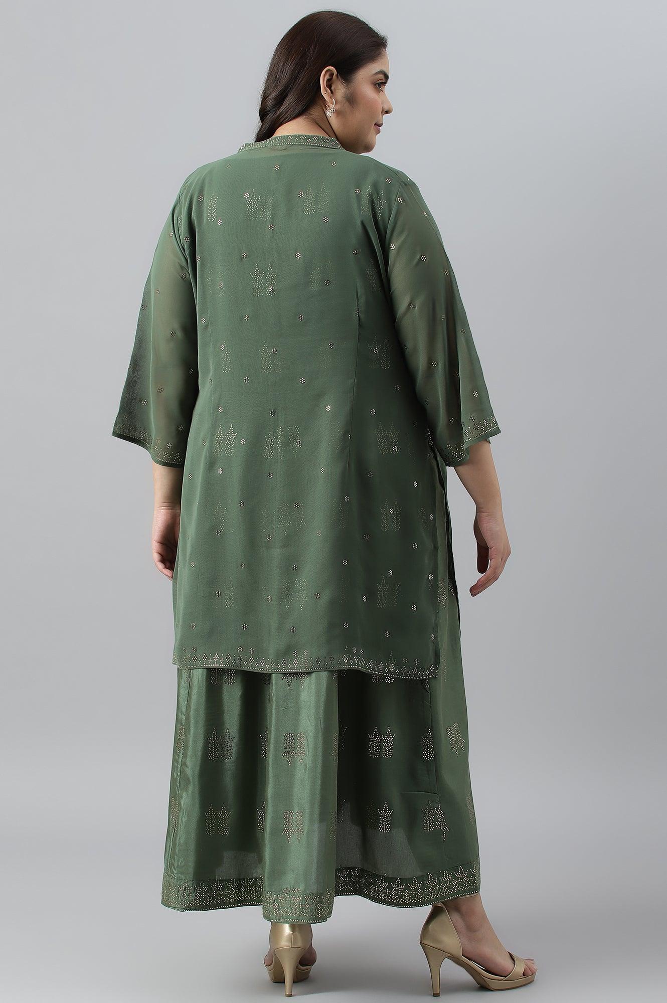 Green Mukaish Dress With Poly Georgette Short Jacket - wforwoman