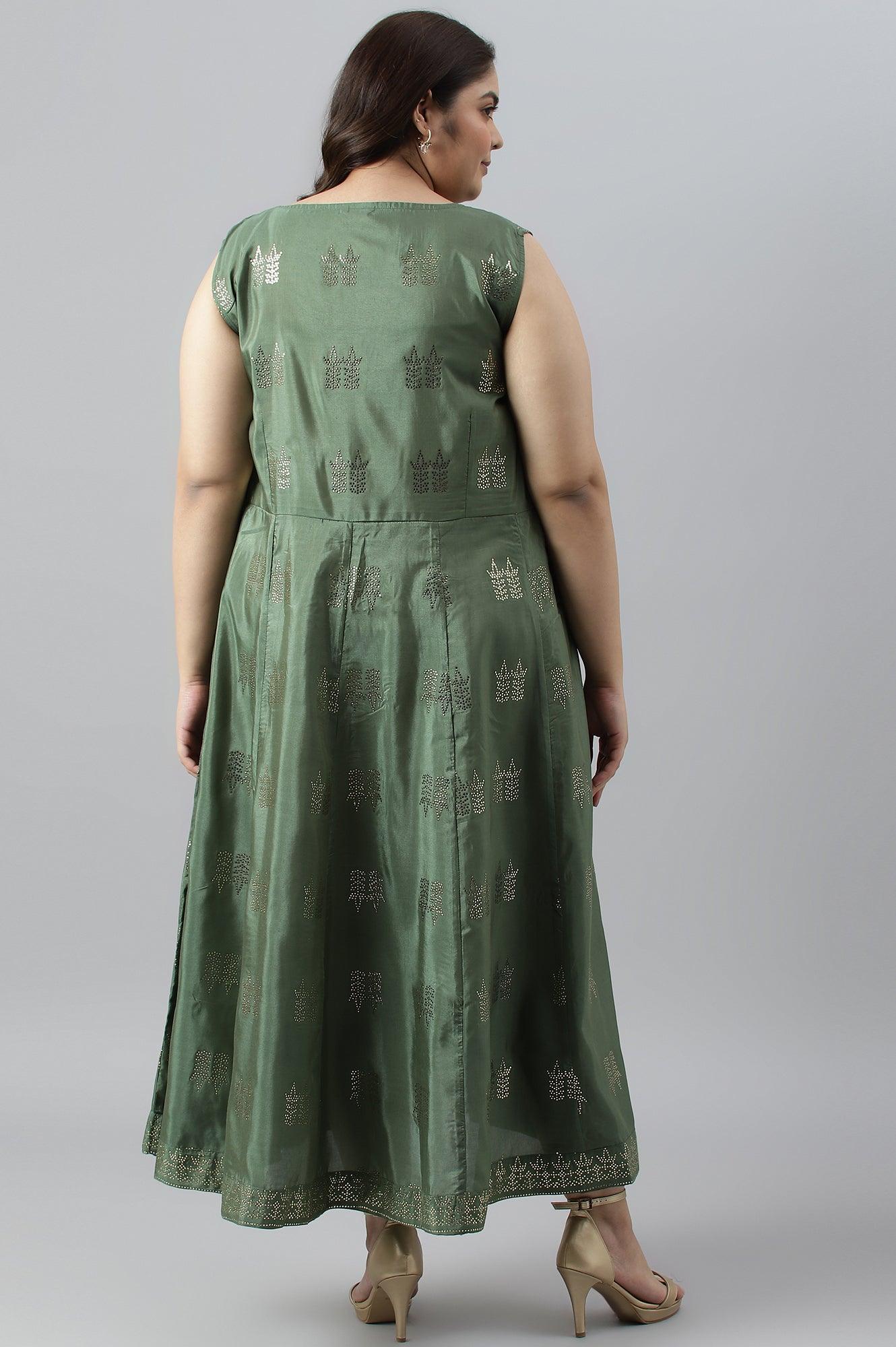 Green Mukaish Dress With Poly Georgette Short Jacket - wforwoman