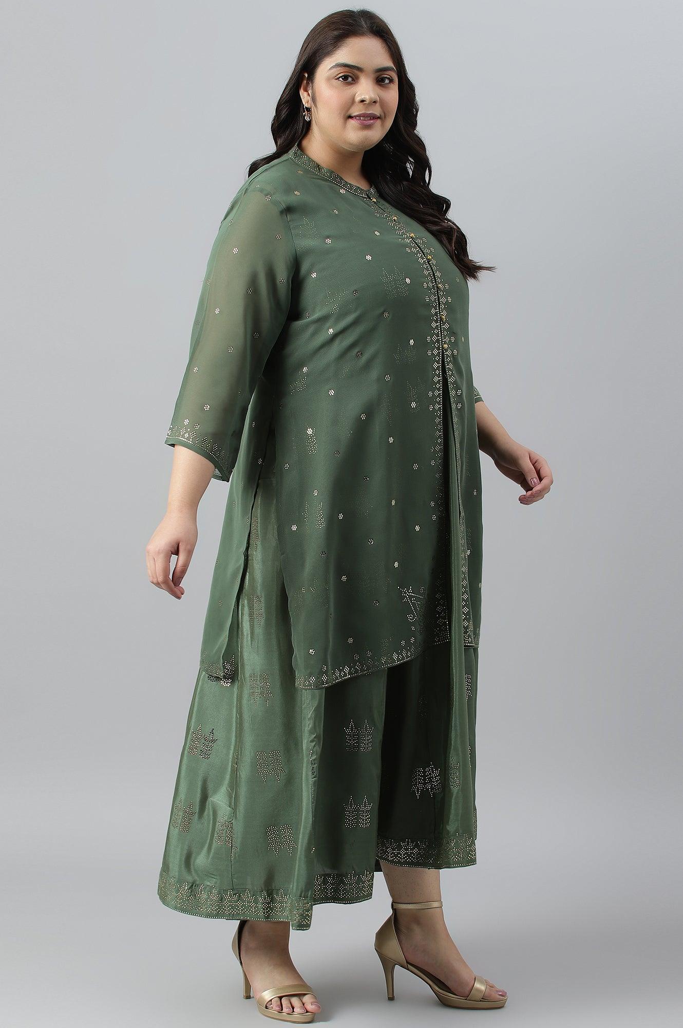 Green Mukaish Dress With Poly Georgette Short Jacket - wforwoman