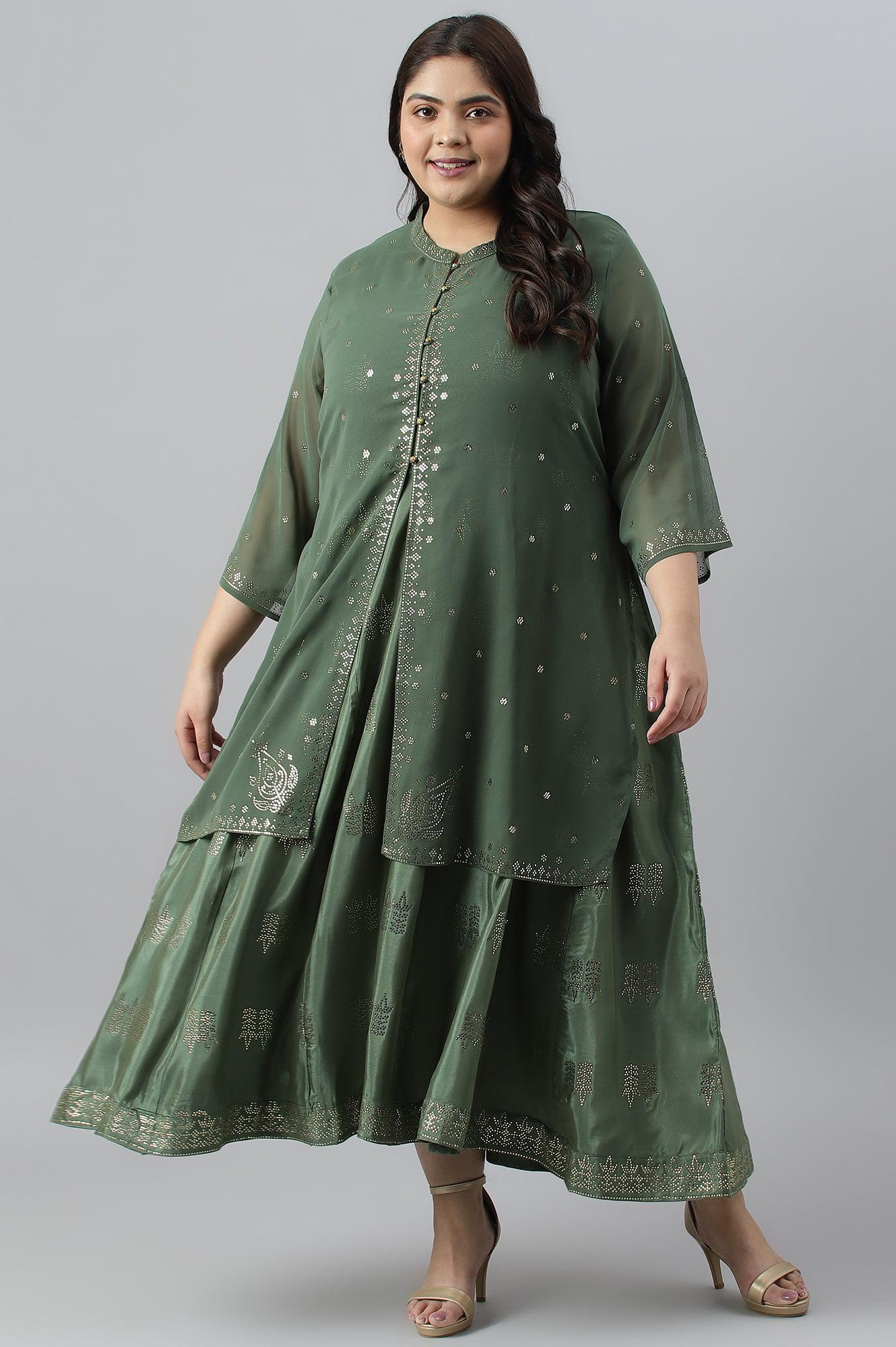 Green Mukaish Dress With Poly Georgette Short Jacket - wforwoman