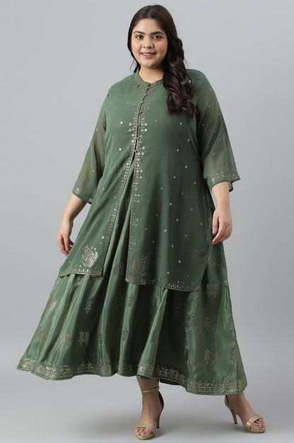 Green Mukaish Dress With Poly Georgette Short Jacket - wforwoman