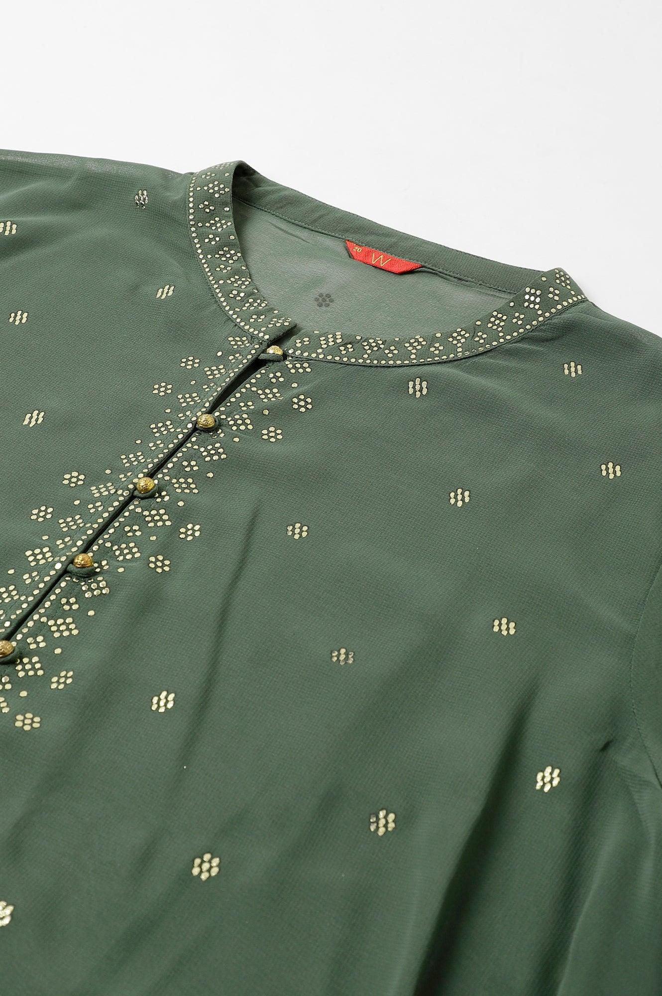 Green Mukaish Dress With Poly Georgette Short Jacket - wforwoman