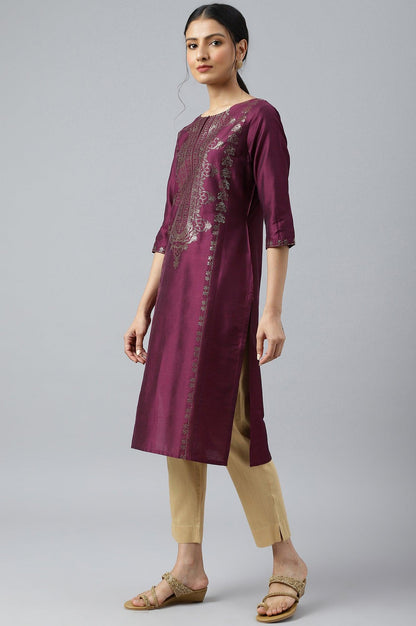 Dark Pink Mukaish Placement Print kurta - wforwoman