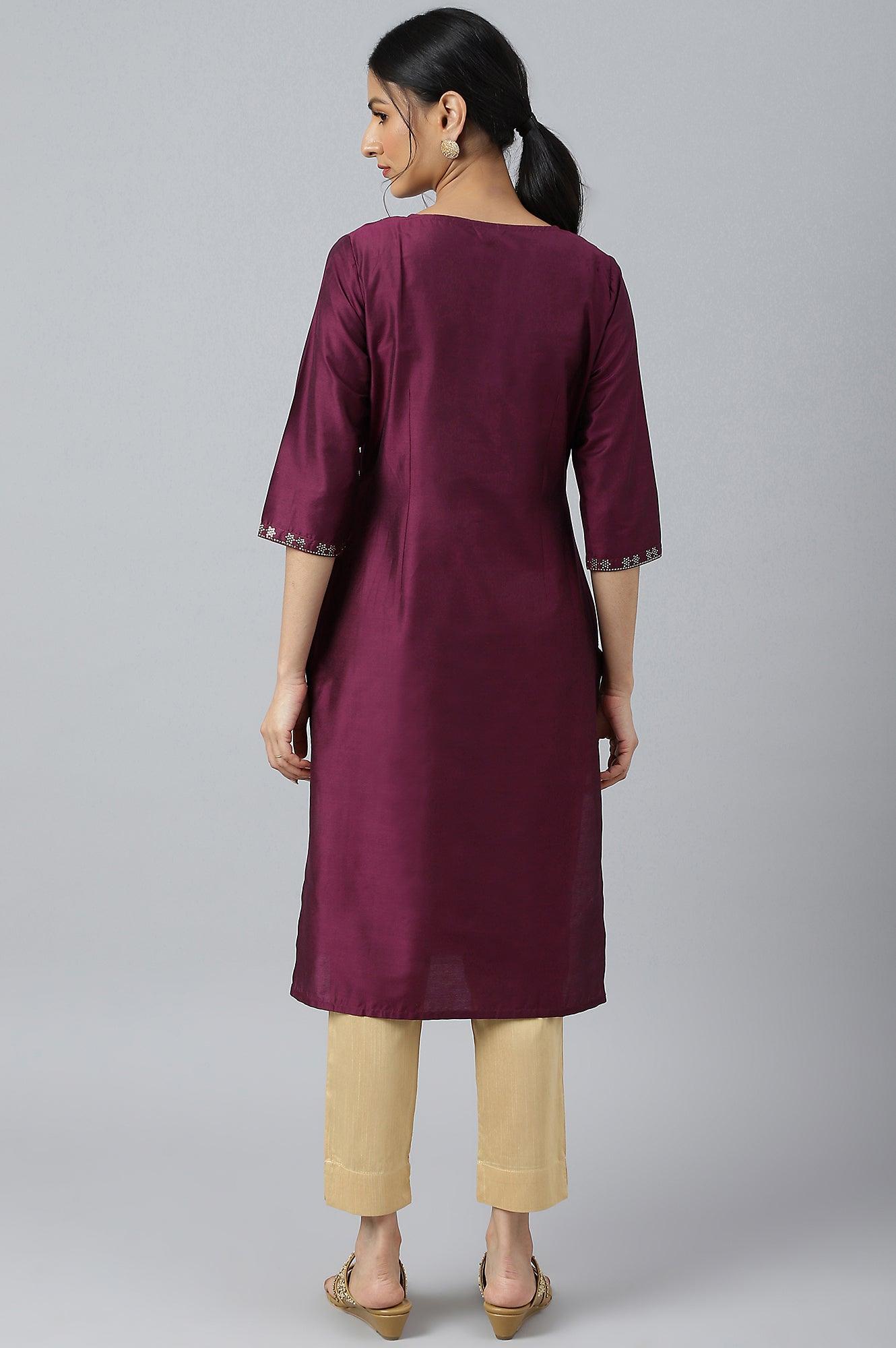 Dark Pink Mukaish Placement Print kurta - wforwoman