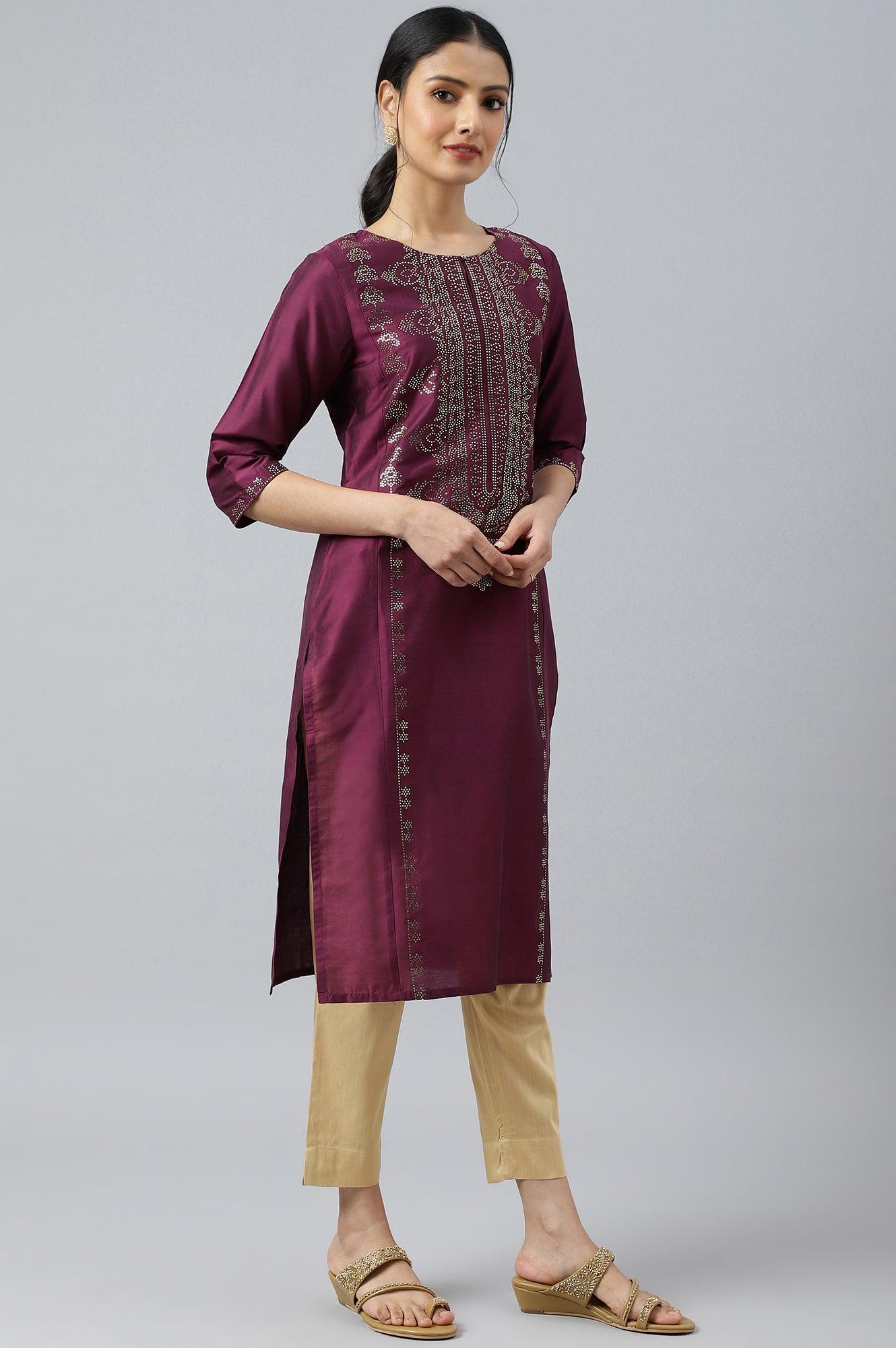 Dark Pink Mukaish Placement Print kurta - wforwoman