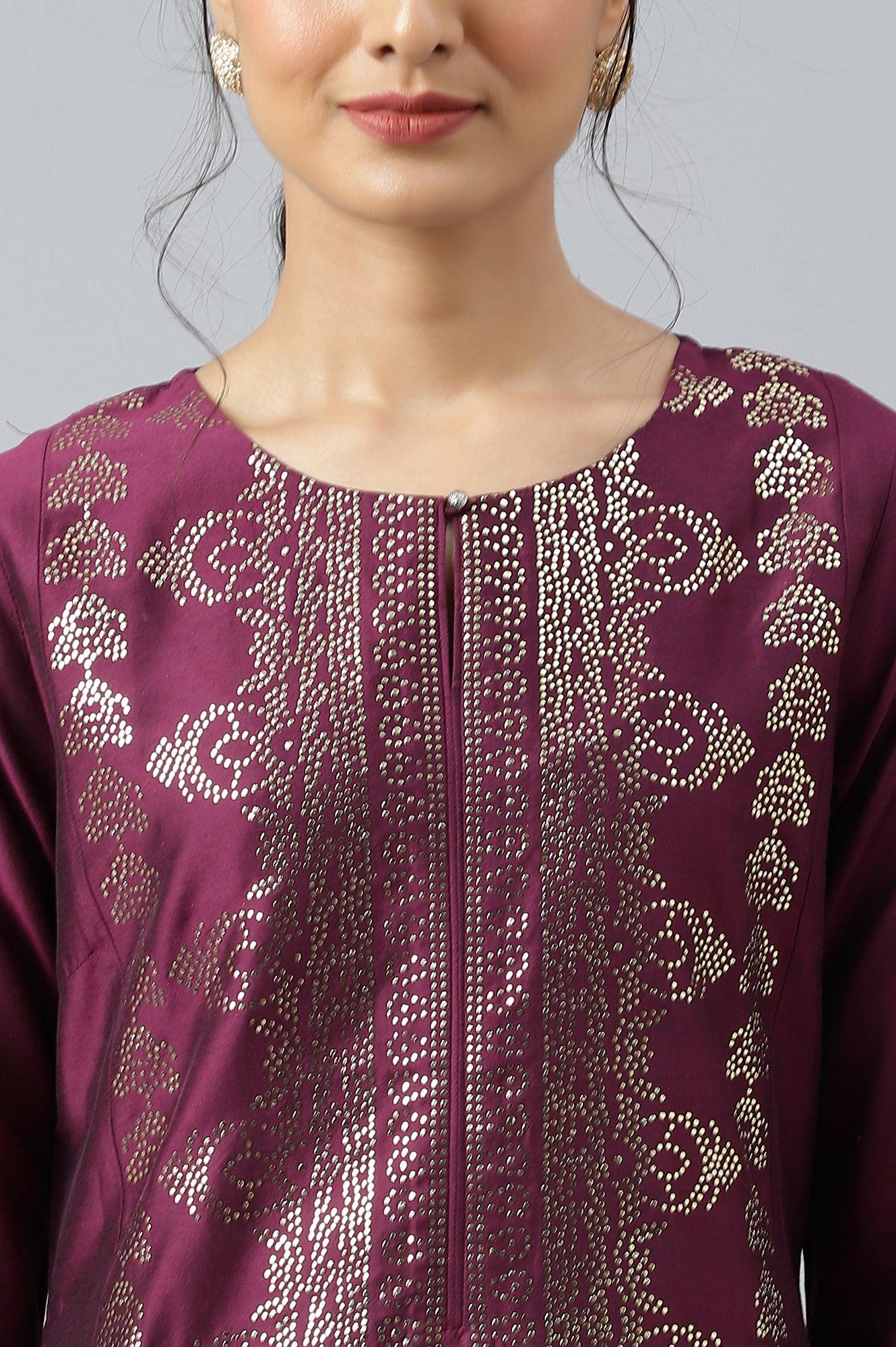 Dark Pink Mukaish Placement Print kurta - wforwoman